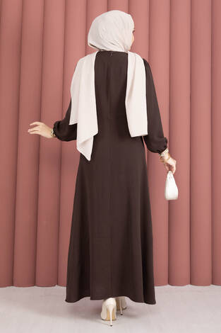 Omuzdan Allerli Yandan Bağlamalı Tesettür Elbise Kahve - Thumbnail