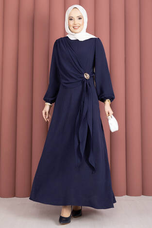 Omuzdan Allerli Yandan Bağlamalı Tesettür Elbise Lacivert - Thumbnail
