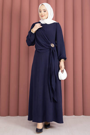 Omuzdan Allerli Yandan Bağlamalı Tesettür Elbise Lacivert - Thumbnail