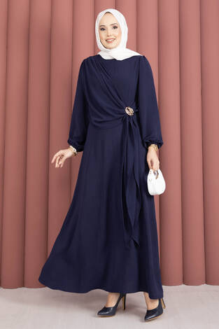 Omuzdan Allerli Yandan Bağlamalı Tesettür Elbise Lacivert - Thumbnail