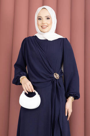 Omuzdan Allerli Yandan Bağlamalı Tesettür Elbise Lacivert - Thumbnail
