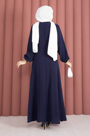 Omuzdan Allerli Yandan Bağlamalı Tesettür Elbise Lacivert - Thumbnail
