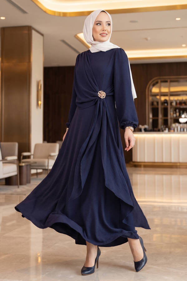 Znk - Omuzdan Allerli Yandan Bağlamalı Tesettür Elbise Lacivert