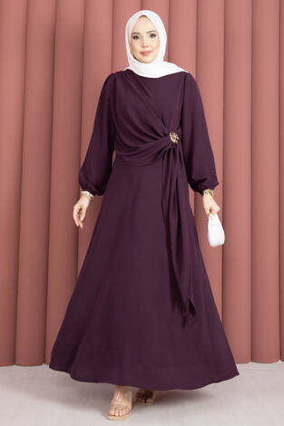 Omuzdan Allerli Yandan Bağlamalı Tesettür Elbise Mürdüm - Thumbnail