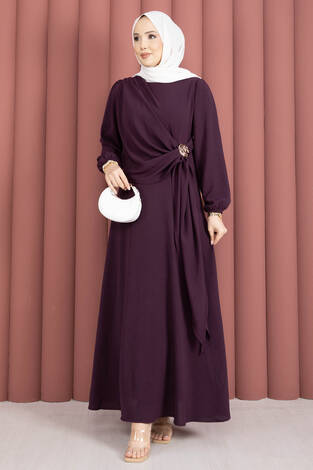 Omuzdan Allerli Yandan Bağlamalı Tesettür Elbise Mürdüm - Thumbnail