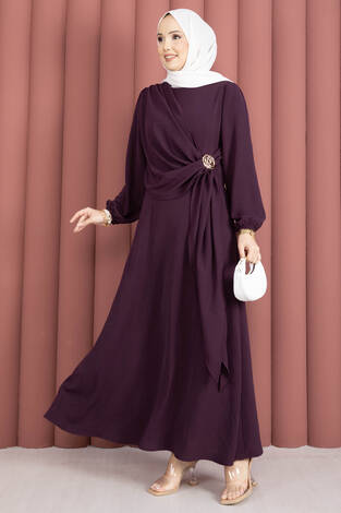 Omuzdan Allerli Yandan Bağlamalı Tesettür Elbise Mürdüm - Thumbnail