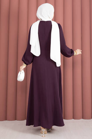 Omuzdan Allerli Yandan Bağlamalı Tesettür Elbise Mürdüm - Thumbnail