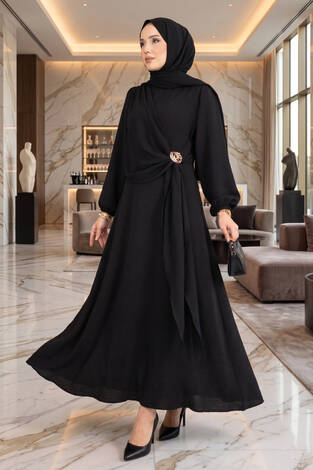 Omuzdan Allerli Yandan Bağlamalı Tesettür Elbise Siyah - Thumbnail