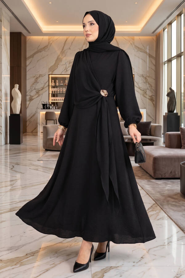 Znk - Omuzdan Allerli Yandan Bağlamalı Tesettür Elbise Siyah
