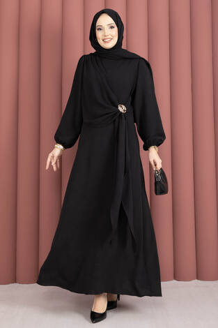 Omuzdan Allerli Yandan Bağlamalı Tesettür Elbise Siyah - Thumbnail
