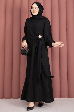Omuzdan Allerli Yandan Bağlamalı Tesettür Elbise Siyah - Thumbnail