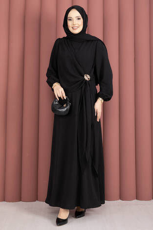 Omuzdan Allerli Yandan Bağlamalı Tesettür Elbise Siyah - Thumbnail