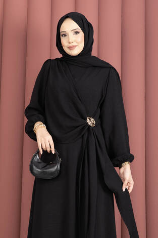 Omuzdan Allerli Yandan Bağlamalı Tesettür Elbise Siyah - Thumbnail