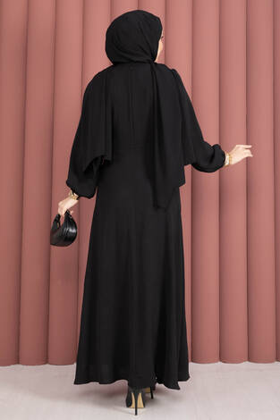 Omuzdan Allerli Yandan Bağlamalı Tesettür Elbise Siyah - Thumbnail