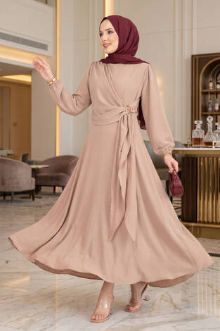 Omuzdan Allerli Yandan Bağlamalı Tesettür Elbise Vizon