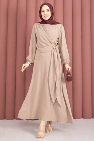 Omuzdan Allerli Yandan Bağlamalı Tesettür Elbise Vizon - Thumbnail