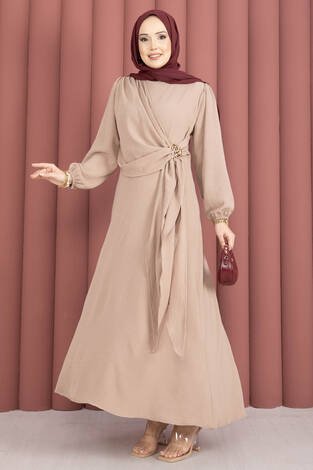 Omuzdan Allerli Yandan Bağlamalı Tesettür Elbise Vizon - Thumbnail