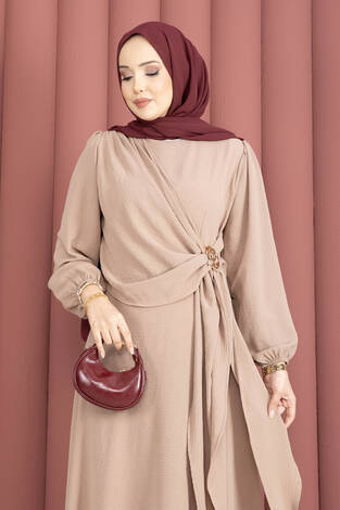 Omuzdan Allerli Yandan Bağlamalı Tesettür Elbise Vizon - Thumbnail