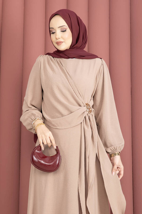 Znk - Omuzdan Allerli Yandan Bağlamalı Tesettür Elbise Vizon (1)