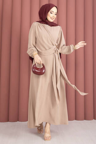 Omuzdan Allerli Yandan Bağlamalı Tesettür Elbise Vizon - Thumbnail