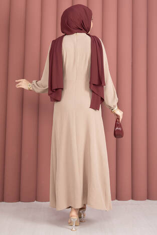 Omuzdan Allerli Yandan Bağlamalı Tesettür Elbise Vizon - Thumbnail