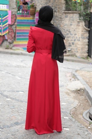 Omuzları Fırfır Detaylı Kemerli Elbise MDP.5201-2 - Thumbnail