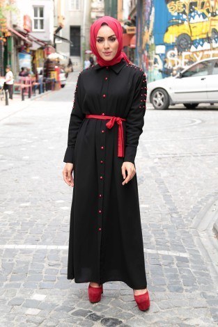 Omuzları İncili Ferace Elbise 8972-1-siyah - Thumbnail