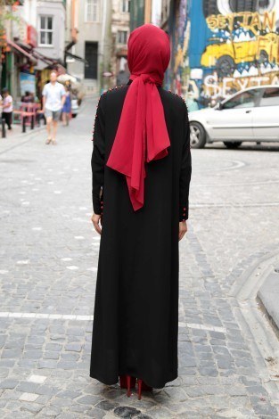 Omuzları İncili Ferace Elbise 8972-1-siyah - Thumbnail