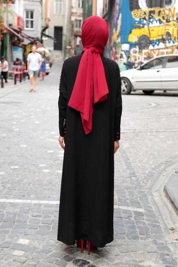 Omuzları İncili Ferace Elbise 8972-1-siyah