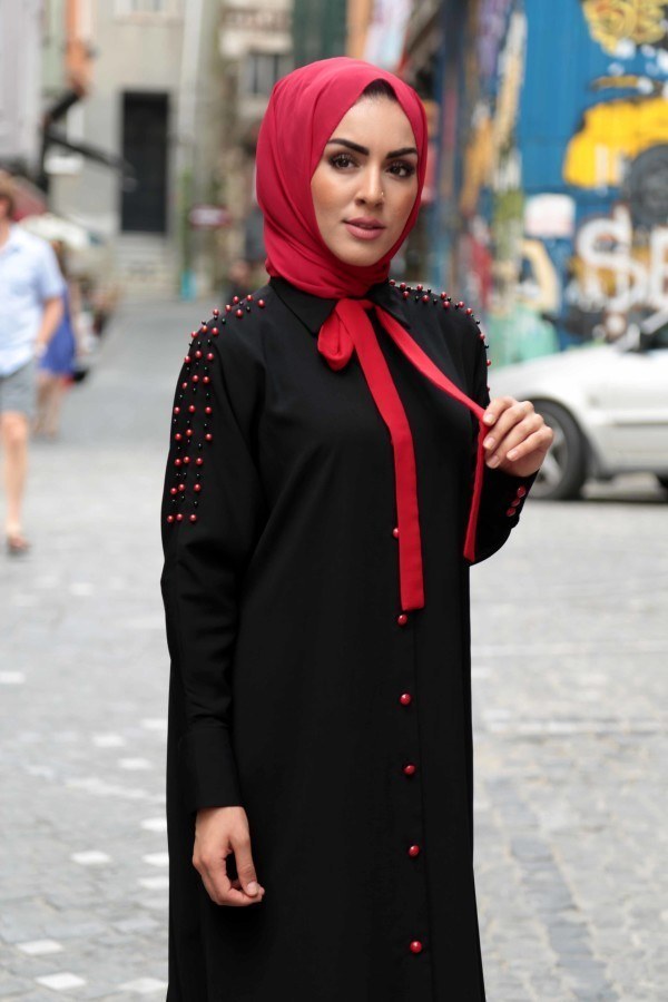 Omuzları İncili Ferace Elbise 8972-1-siyah