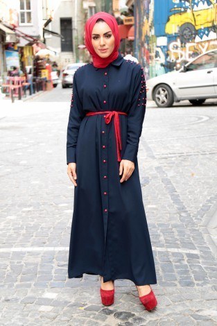 Omuzları İncili Ferace Elbise 8972-3-lacivert - Thumbnail
