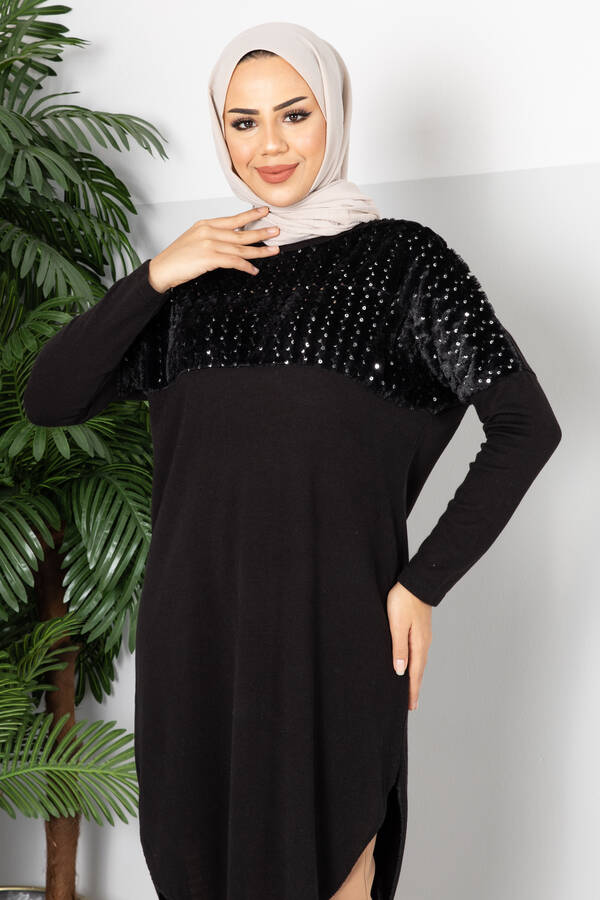 E - Omuzu Pullu Tesettür Tunik Siyah (1)