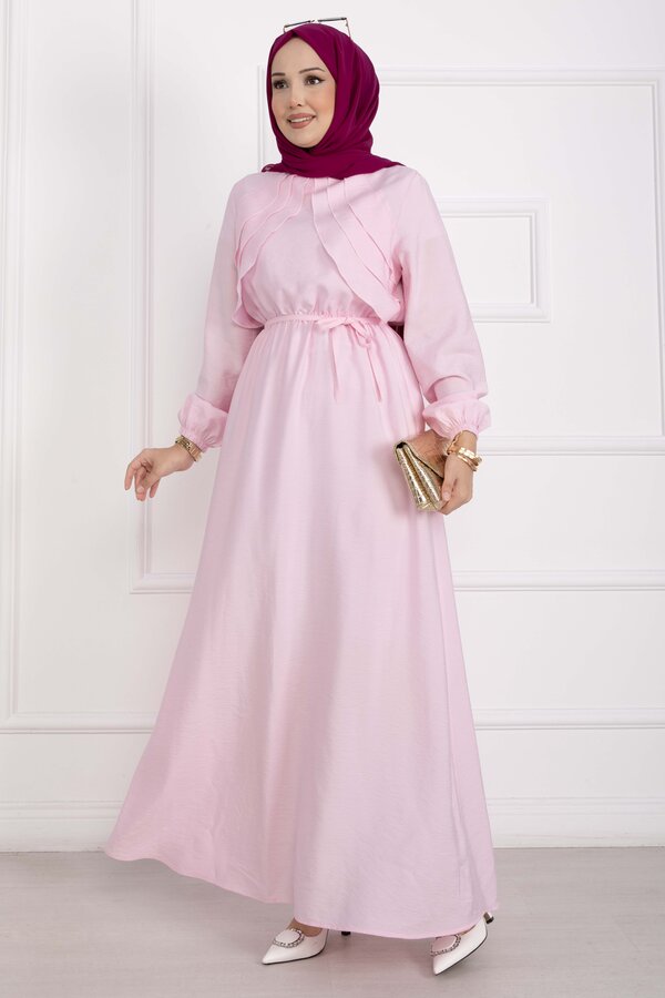 Omzu Fırfır Detaylı Kuşaklı Elbise Pembe - 3