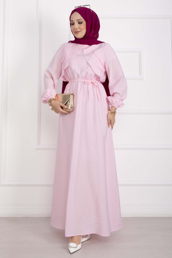 Omzu Fırfır Detaylı Kuşaklı Elbise Pembe - 4