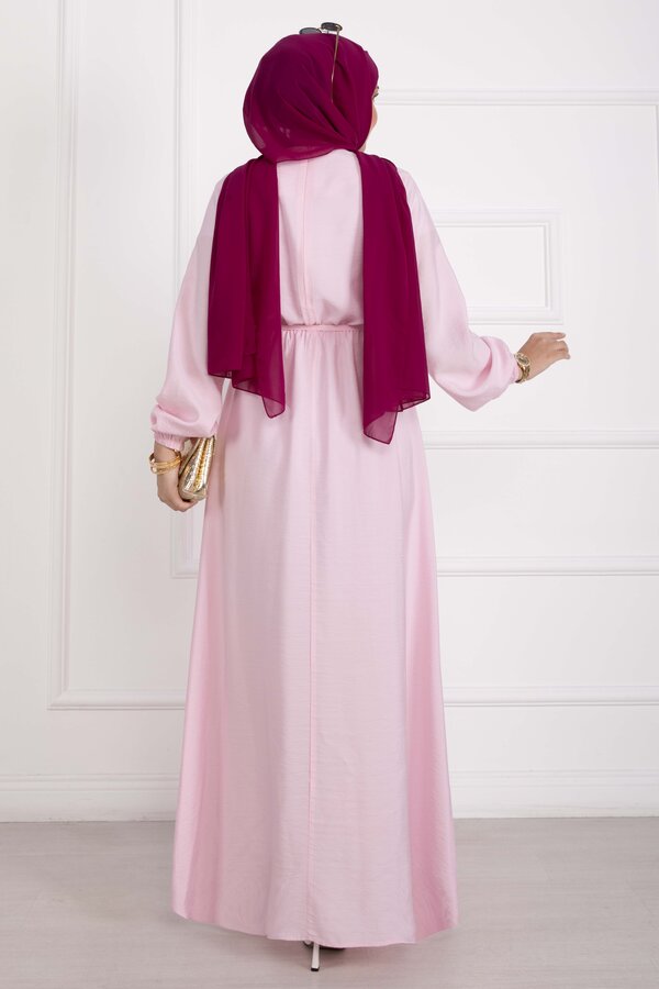 Omzu Fırfır Detaylı Kuşaklı Elbise Pembe - 5