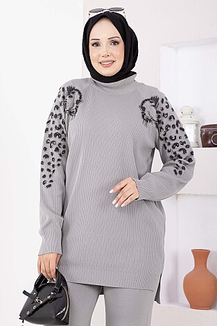 Omzu Taş Detaylı Triko İkili Takım Gri - 2