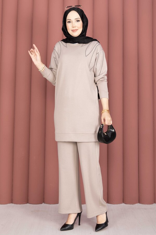 Omzu Taşlı Tunik Pantolon İkili Takım Bej - 3