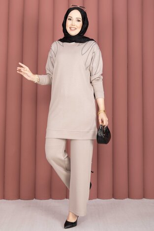 Omzu Taşlı Tunik Pantolon İkili Takım Bej