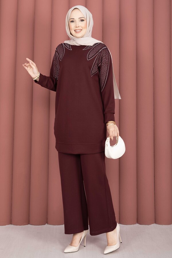 Omzu Taşlı Tunik Pantolon İkili Takım Bordo