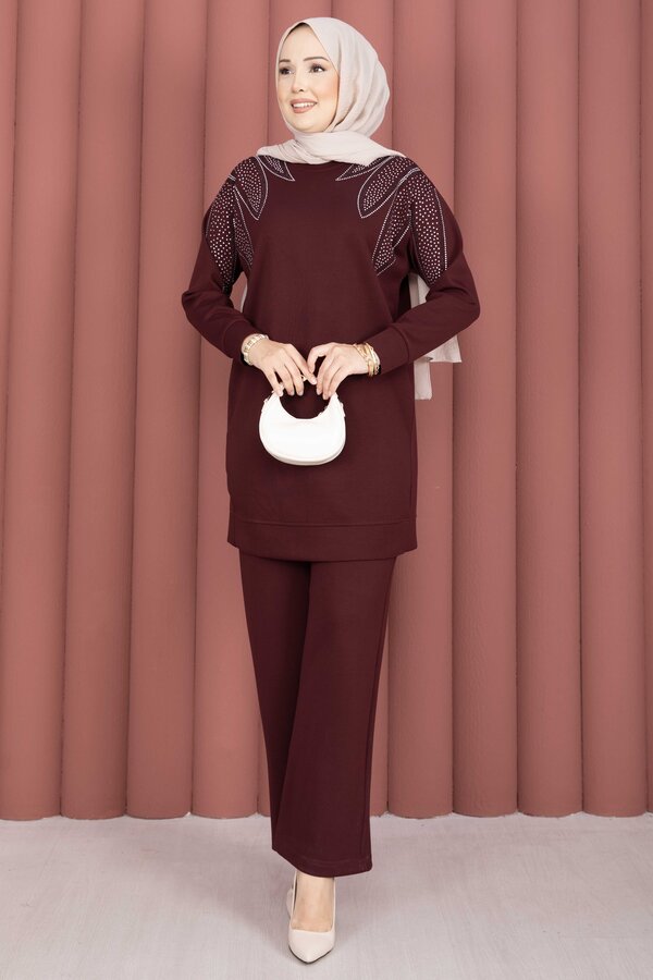 Omzu Taşlı Tunik Pantolon İkili Takım Bordo - 3