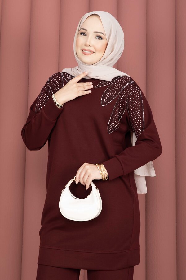 Tkm - Omzu Taşlı Tunik Pantolon İkili Takım Bordo (1)