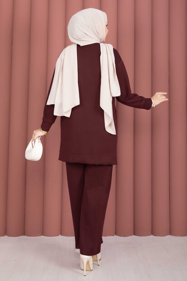 Omzu Taşlı Tunik Pantolon İkili Takım Bordo - 4
