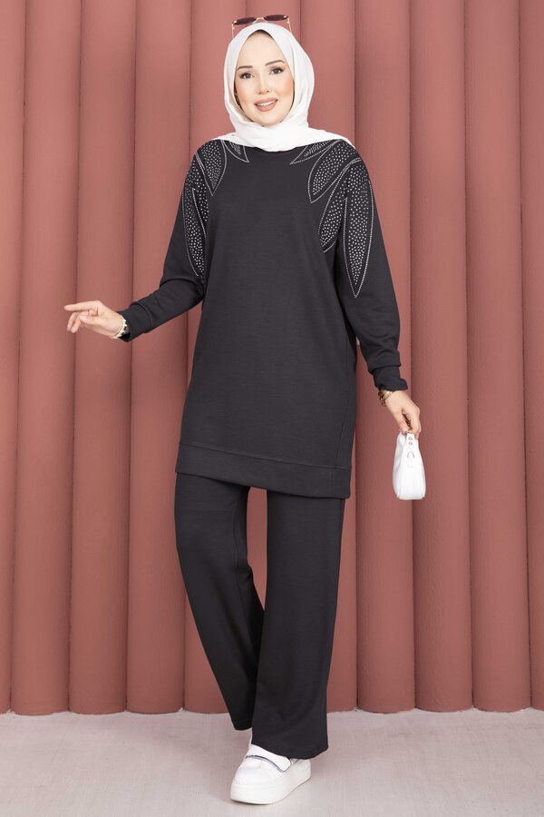 Omzu Taşlı Tunik Pantolon İkili Takım Füme - 3