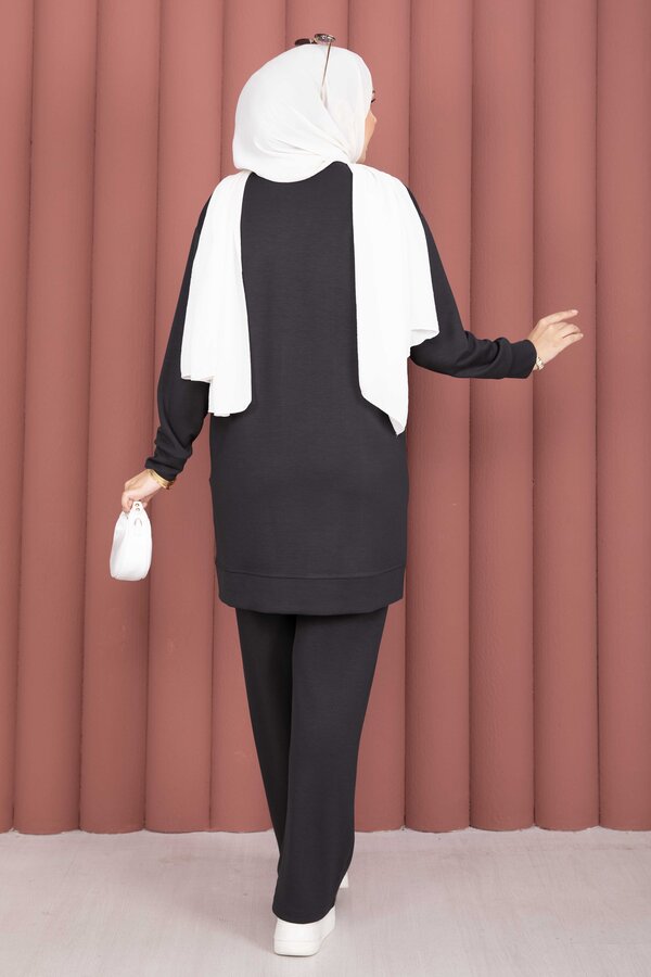 Omzu Taşlı Tunik Pantolon İkili Takım Füme - 4