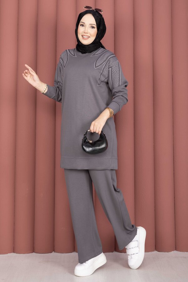 Tkm - Omzu Taşlı Tunik Pantolon İkili Takım Gri