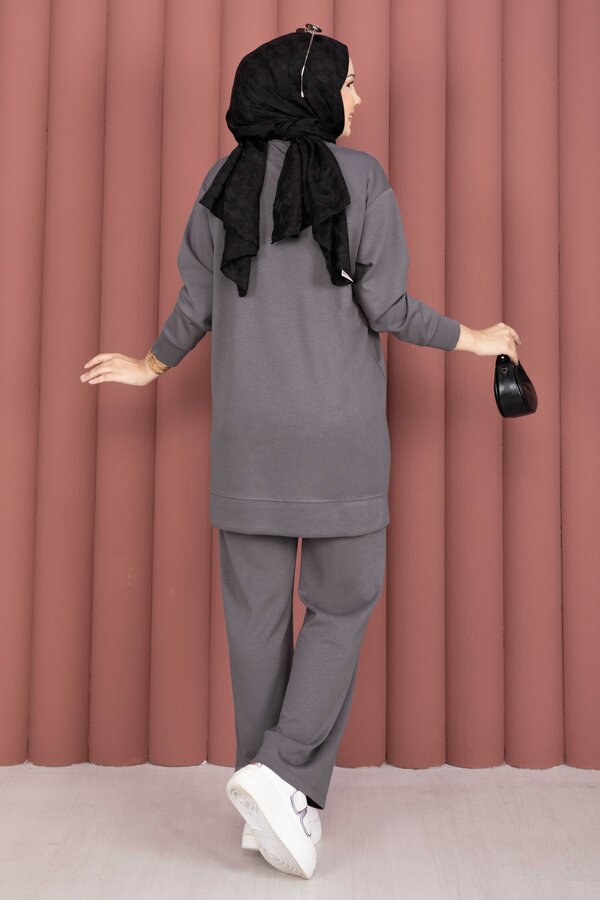 Omzu Taşlı Tunik Pantolon İkili Takım Gri - 4
