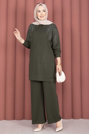 Omzu Taşlı Tunik Pantolon İkili Takım Haki