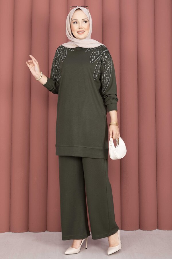 Omzu Taşlı Tunik Pantolon İkili Takım Haki