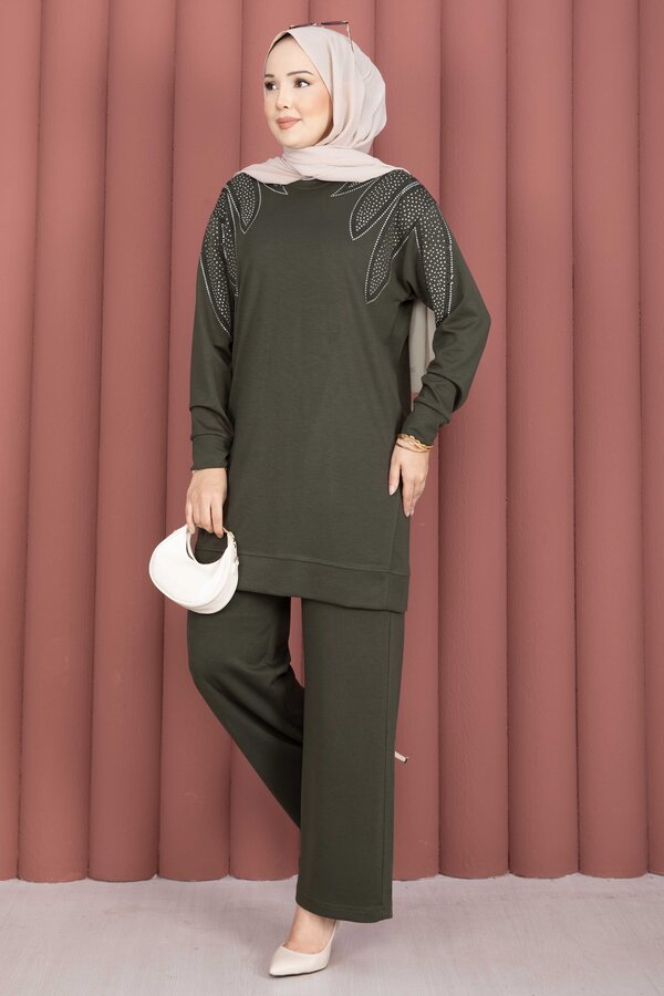 Omzu Taşlı Tunik Pantolon İkili Takım Haki - 3