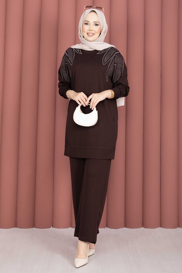 Omzu Taşlı Tunik Pantolon İkili Takım Kahve - 3